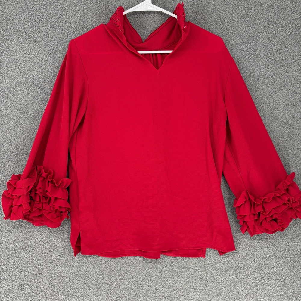 Vince Camuto Red Ruffle Cuff Pleated High Neck Blouse Small 9160039